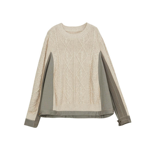 谜底套头针织衫长袖女2024秋季新品复古风拼接圆领毛衣243MZ1319 商品图0