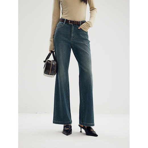 棉仓356619003-一穿既瘦长腿复古感微喇牛仔裤复古蓝天丝弹性牛仔裤 商品图0