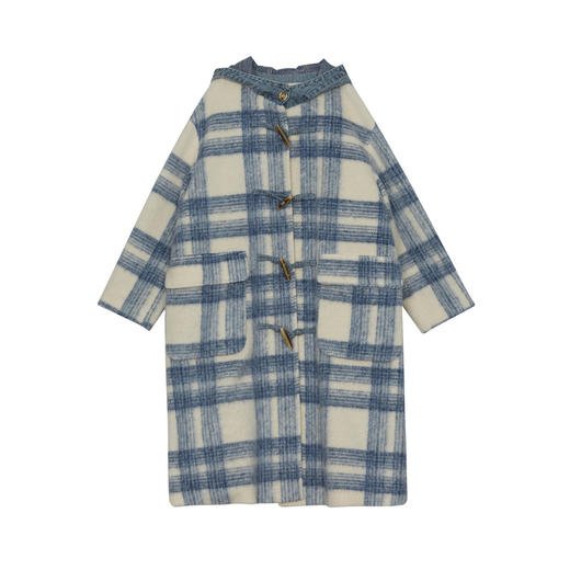 谜底蓝格子毛呢大衣女士2024秋新品连帽牛角扣呢子外套243MD1123 商品图4