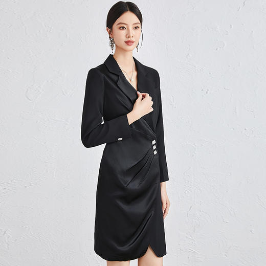 黑色长袖连衣裙职业正装主持人正式场合收腰显瘦前台工作西装裙 商品图5