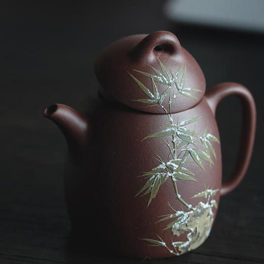 梵匠丨薄胎竹石高秦权 宜兴紫砂壶 150CC  紫泥 半手 彩绘 商品图2