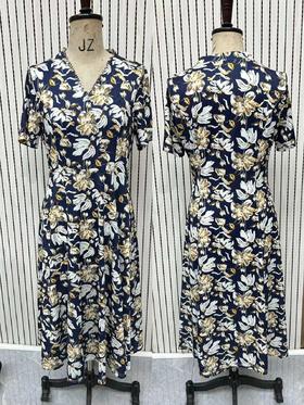 HJ1S87_青黛色_连衣裙_春夏_复古 V 领短袖花卉印花收腰显瘦通勤中长裙_高级女装_BERNIEELEN 伯妮斯茵