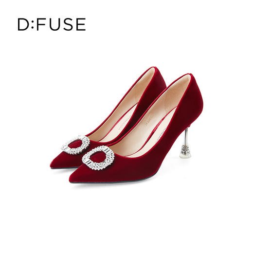 D:FUSE迪芙斯秋款单鞋女高跟鞋天鹅绒宴会尖头钻扣细跟女鞋DF33111075 商品图1
