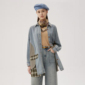 谜底衬衫式牛仔风衣女2024秋新品复古风拼接中长款外套243ME1141