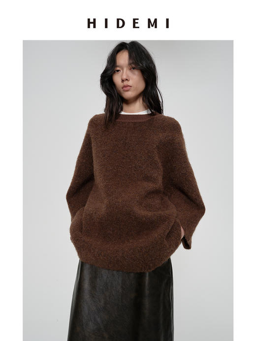 HIDEMI 圆领大廓形落肩加厚款进口强缩混纺羊毛8分袖毛织针织上衣 摩卡色/黑色/烟灰色/藏蓝色 商品图9