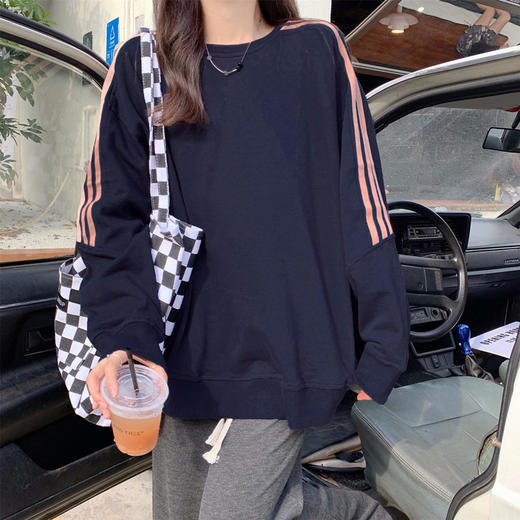 秋冬季【学院条纹拼接宽松卫衣】女款衣服 时尚休闲韩版长袖卫衣外套灰色  商品图3