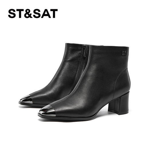 星期六极简金属方头粗跟羊皮短靴SSC4116361 商品图4