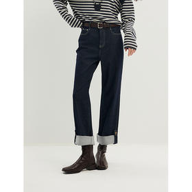 棉仓356619009-复古高腰牛仔直筒长裤两穿可卷边带袢设计感