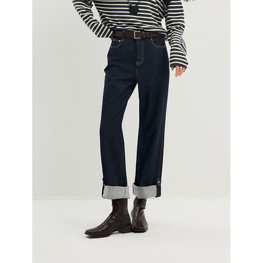 棉仓356619009-复古高腰牛仔直筒长裤两穿可卷边带袢设计感 商品图0