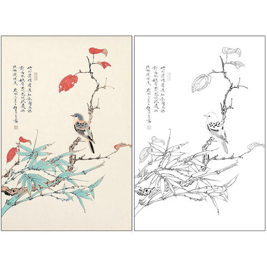 任重花鸟工笔画白描底稿《红叶秋禽》临摹勾线高清打印稿RD14 商品图0