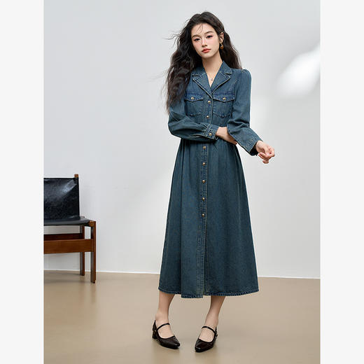 经典复古水洗牛仔连衣裙女早春翻领长袖连衣裙衬衫裙V3342394 商品图1