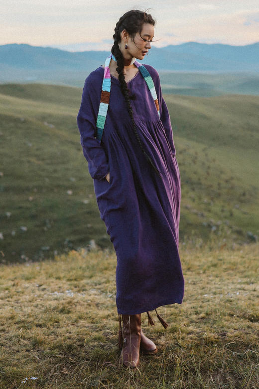 绽放旅行女装633朵/亚麻交叠门襟棉花边装饰高腰线长袖V领连衣裙 商品图5