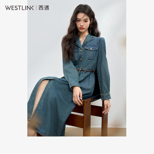 经典复古水洗牛仔连衣裙女早春翻领长袖连衣裙衬衫裙V3342394 商品图0