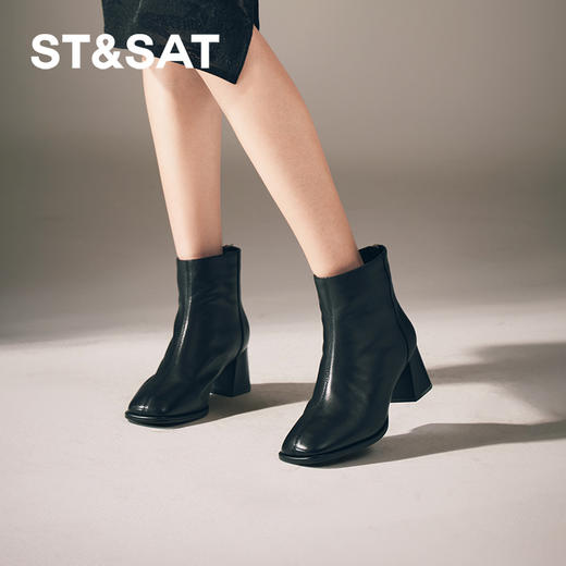 星期六经典方头简约素面粗跟短靴SS3411856B 商品图2