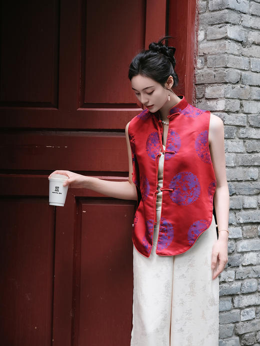 瑕疵|盛唐牡丹 |双龙团纹真丝花蕾缎马甲[特价品] 商品图0