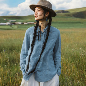 * 绽放642朵/秀场衬衫进口石磨洗亚麻可拆卸飘带翻领系带长袖衬衫