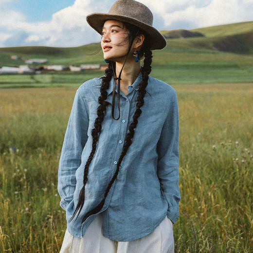 * 绽放642朵/秀场衬衫进口石磨洗亚麻可拆卸飘带翻领系带长袖衬衫 商品图0