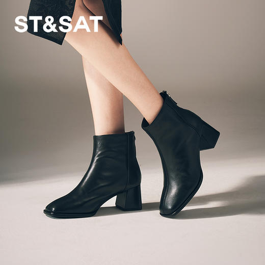 星期六经典方头简约素面粗跟短靴SS3411856B 商品图1