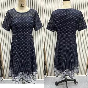 HJ1S70_花青色_连衣裙_夏季_简约大方圆领波点网纱短袖收腰下摆花卉印花_高级女装_BERNIEELEN 伯妮斯茵