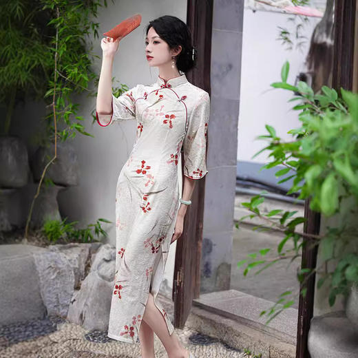 长袖改良丝绒印花素雅旗袍GR3055 商品图0