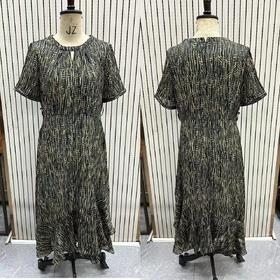 HJ1S75_木石黄色_连衣裙_夏季_圆领小镂空荷叶边短袖线条印花收腰显瘦百搭通勤中长裙_高级女装_BERNIEELEN 伯妮斯茵