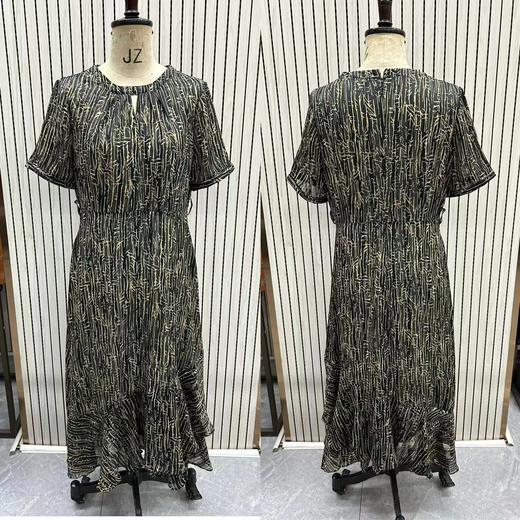 HJ1S75_木石黄色_连衣裙_夏季_圆领小镂空荷叶边短袖线条印花收腰显瘦百搭通勤中长裙_高级女装_BERNIEELEN 伯妮斯茵 商品图0