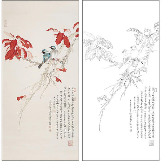 任重花鸟工笔画白描底稿《红叶小鸟》临摹勾线高清打印稿RD12 商品图0