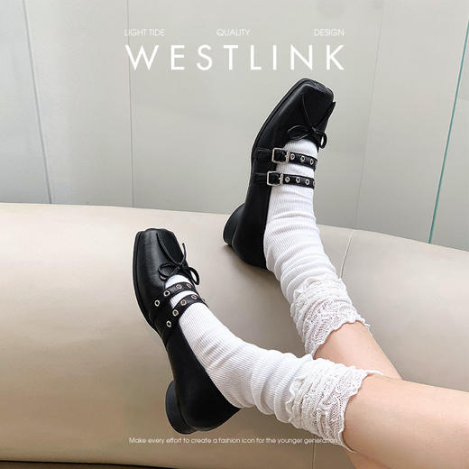 西遇铆钉芭蕾鞋女新款早春蝴蝶结猪鼻子方头单鞋低跟玛丽珍鞋V1256865/D2747273 商品图2