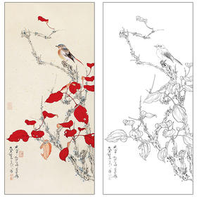 任重花鸟工笔画白描底稿《红叶小鸟》临摹勾线高清打印稿RD02