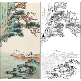 任重花鸟工笔画白描底稿《停棹图》临摹勾线高清打印稿RD13