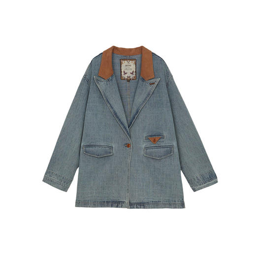 谜底牛仔西装外套女2024秋季新品复古风拼接中长款西服243MW1118 商品图4