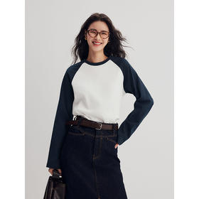 棉仓356601026-美式复古风拼色插肩袖宽松T