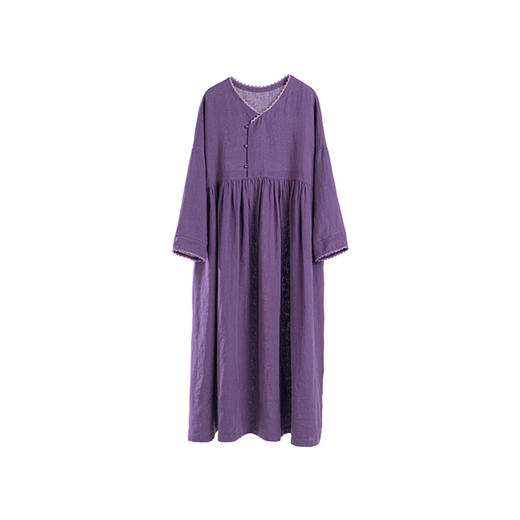 绽放旅行女装633朵/亚麻交叠门襟棉花边装饰高腰线长袖V领连衣裙 商品图4
