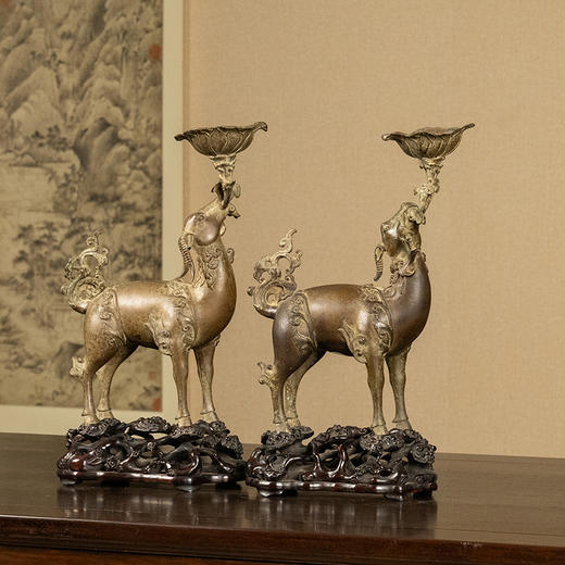 清 铜羊衔灵芝荷叶托灯台及红木透雕灵芝纹座（一对） 商品图0