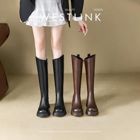 西遇增高厚底长筒骑士靴女新款秋冬小个子宽筒皮靴圆头黑色长靴子V3547571