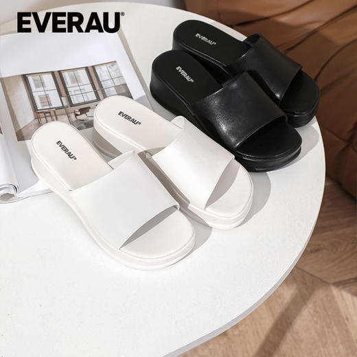 EVERAU时髦外穿 轻奢牛皮露趾 休闲厚底女拖鞋EA7037 商品图0