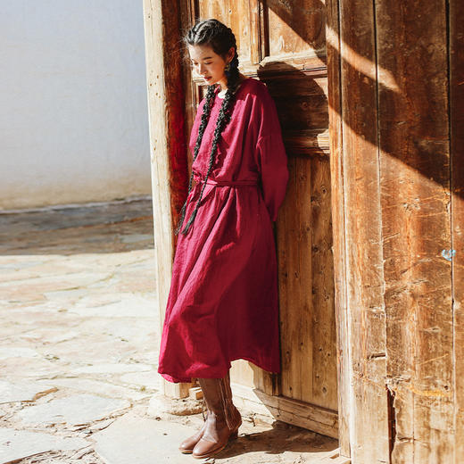 * 绽放641朵/高原多巴胺高支亚麻系带A摆宽松半开襟圆领长袖连衣裙 商品图2