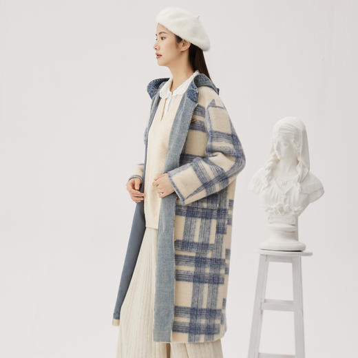 谜底蓝格子毛呢大衣女士2024秋新品连帽牛角扣呢子外套243MD1123 商品图2