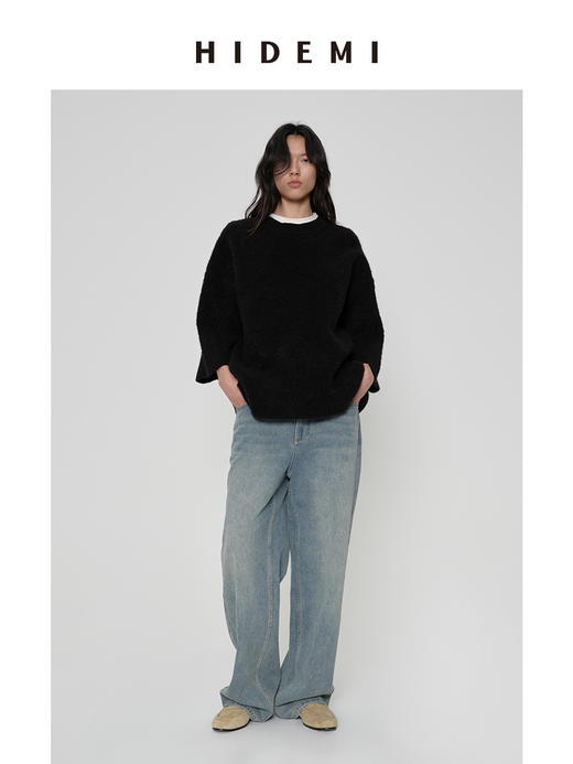 HIDEMI 圆领大廓形落肩加厚款进口强缩混纺羊毛8分袖毛织针织上衣 摩卡色/黑色/烟灰色/藏蓝色 商品图12
