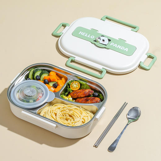 【告别速食外卖，时尚熊猫，分格便当盒】学生304不锈钢保温饭盒 小学生专用儿童餐盘分格 可微波炉加热 上班族饭盒-QQ 商品图6