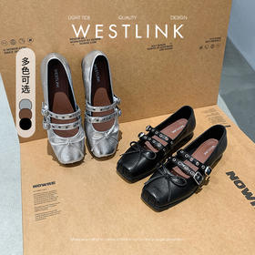 西遇铆钉芭蕾鞋女新款早春蝴蝶结猪鼻子方头单鞋低跟玛丽珍鞋V1256865/D2747273