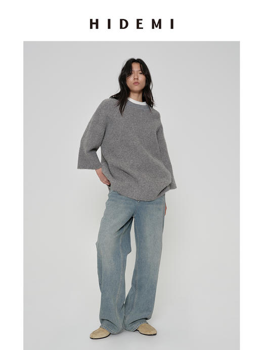 HIDEMI 圆领大廓形落肩加厚款进口强缩混纺羊毛8分袖毛织针织上衣 摩卡色/黑色/烟灰色/藏蓝色 商品图10