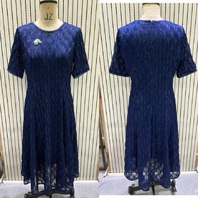 HJ1S68_帝释青色_轻奢连衣裙_四季_名媛风圆领短袖水波纹网纱收腰显瘦胸针装饰气质_高级女装_BERNIEELEN 伯妮斯茵