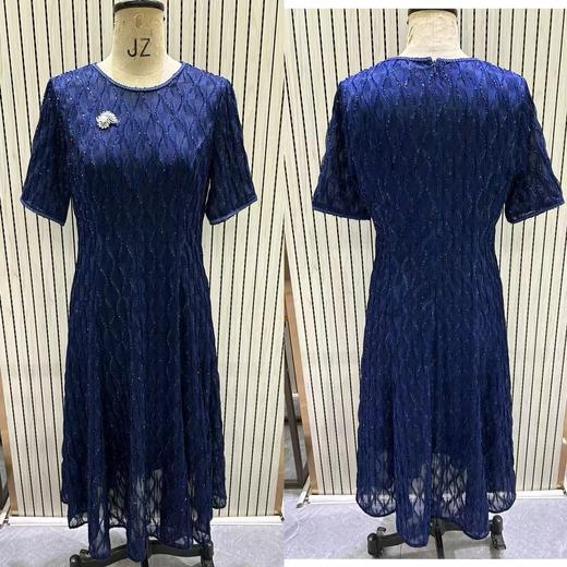 HJ1S68_帝释青色_轻奢连衣裙_四季_名媛风圆领短袖水波纹网纱收腰显瘦胸针装饰气质_高级女装_BERNIEELEN 伯妮斯茵 商品图0