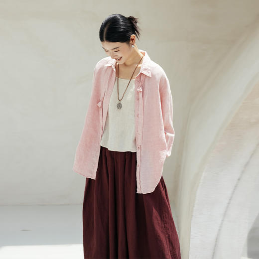 * 绽放642朵/秀场衬衫进口石磨洗亚麻可拆卸飘带翻领系带长袖衬衫 商品图1