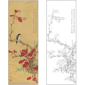 任重花鸟工笔画白描底稿《红叶霜禽》临摹勾线高清打印稿RD06