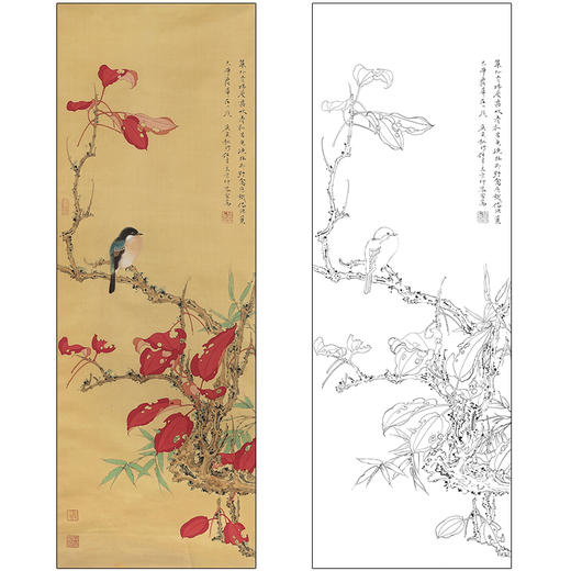任重花鸟工笔画白描底稿《红叶霜禽》临摹勾线高清打印稿RD06 商品图0
