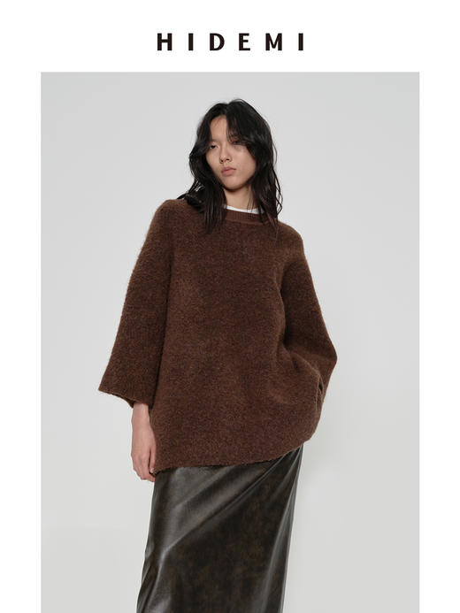 HIDEMI 圆领大廓形落肩加厚款进口强缩混纺羊毛8分袖毛织针织上衣 摩卡色/黑色/烟灰色/藏蓝色 商品图8