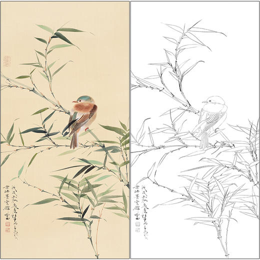 任重花鸟工笔画白描底稿四尺《竹林幽禽》临摹勾线高清打印稿RD11 商品图0