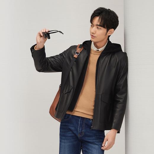 【绵羊皮】柒牌连帽皮衣男士秋冬新款时尚休闲中青年黑色真皮外套	129J70080 商品图1